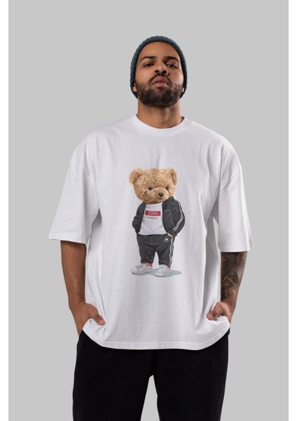 Teddy Bear Love Yourself Ön Baskılı Beyaz Oversize T-Shirt Erkek Kadın Bisiklet Yaka