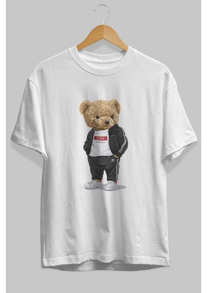 Teddy Bear Love Yourself Ön Baskılı Beyaz Oversize T-Shirt Erkek Kadın Bisiklet Yaka fiyatları