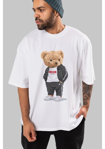 Teddy Bear Love Yourself Ön Baskılı Beyaz Oversize T-Shirt Erkek Kadın Bisiklet Yaka fırsatları