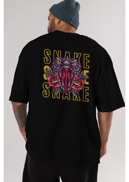 Snake Arka Baskılı Siyah Oversize T-Shirt Erkek Kadın Bisiklet Yaka
