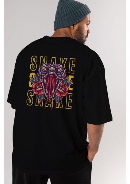 Snake Arka Baskılı Siyah Oversize T-Shirt Erkek Kadın Bisiklet Yaka indirimleri