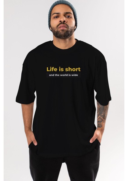 Life Is Short Yazılı Ön Baskılı Siyah Oversize T-Shirt Erkek Kadın Bisiklet Yaka fiyatları