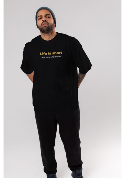 Life Is Short Yazılı Ön Baskılı Siyah Oversize T-Shirt Erkek Kadın Bisiklet Yaka modelleri