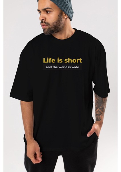 Life Is Short Yazılı Ön Baskılı Siyah Oversize T-Shirt Erkek Kadın Bisiklet Yaka indirimleri