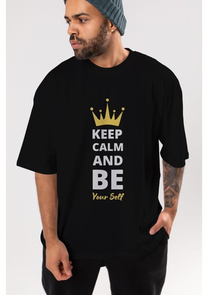 Keep Calm And Yourself Ön Baskılı Siyah Oversize T-Shirt Erkek Kadın Bisiklet Yaka