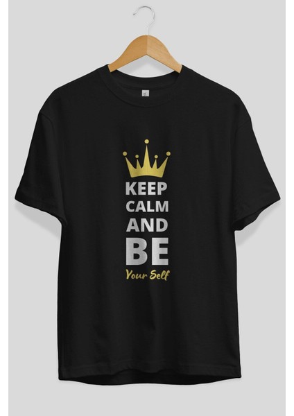 Keep Calm And Yourself Ön Baskılı Siyah Oversize T-Shirt Erkek Kadın Bisiklet Yaka fiyatları