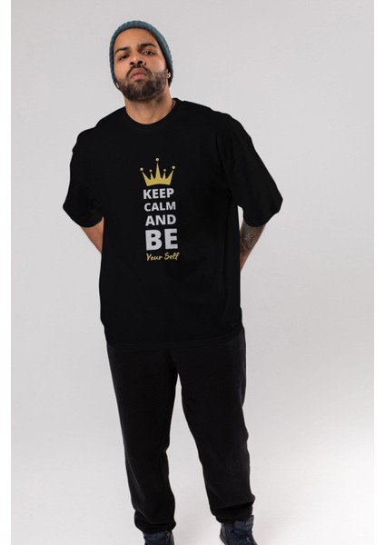 Keep Calm And Yourself Ön Baskılı Siyah Oversize T-Shirt Erkek Kadın Bisiklet Yaka modelleri