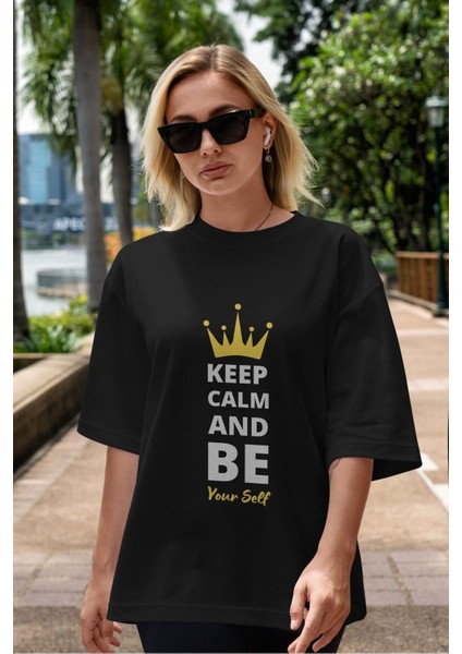 Keep Calm And Yourself Ön Baskılı Siyah Oversize T-Shirt Erkek Kadın Bisiklet Yaka fırsatları