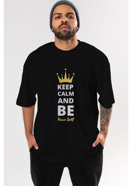 Keep Calm And Yourself Ön Baskılı Siyah Oversize T-Shirt Erkek Kadın Bisiklet Yaka indirimleri