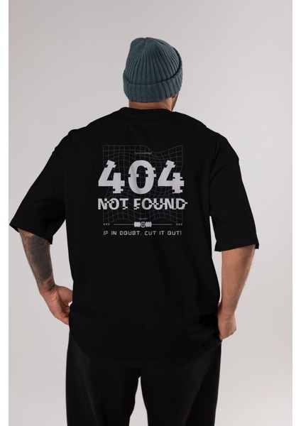 404 Not Found Arka Baskılı Siyah Oversize T-Shirt Erkek Kadın Bisiklet Yaka