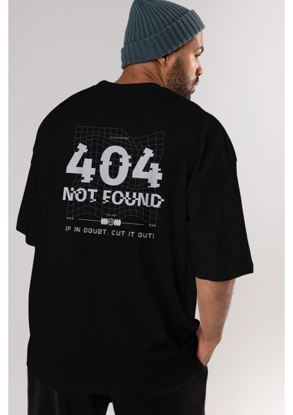 404 Not Found Arka Baskılı Siyah Oversize T-Shirt Erkek Kadın Bisiklet Yaka modelleri