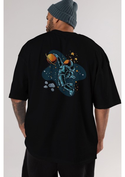 Astronot Basketbol Arka Baskılı Siyah Oversize T-Shirt Erkek Kadın Bisiklet Yaka