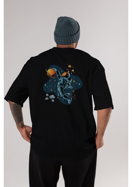 Astronot Basketbol Arka Baskılı Siyah Oversize T-Shirt Erkek Kadın Bisiklet Yaka modelleri