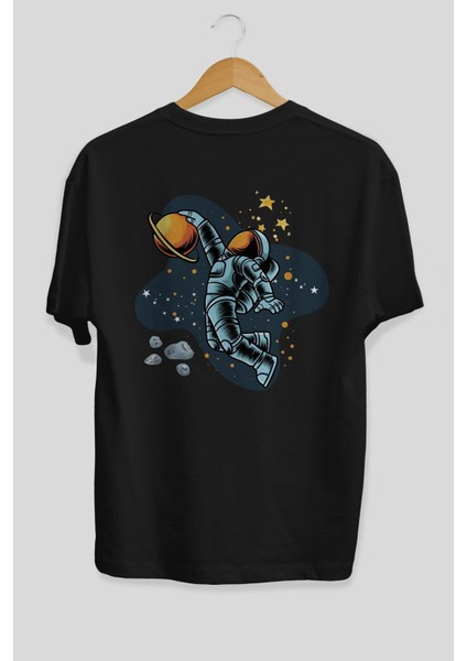 Astronot Basketbol Arka Baskılı Siyah Oversize T-Shirt Erkek Kadın Bisiklet Yaka fırsatları