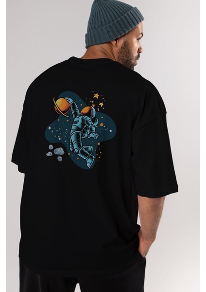 Astronot Basketbol Arka Baskılı Siyah Oversize T-Shirt Erkek Kadın Bisiklet Yaka indirimleri