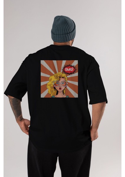 Omg Yazılı Retro Arka Baskılı Siyah Oversize T-Shirt Erkek Kadın Bisiklet Yaka