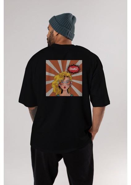 Omg Yazılı Retro Arka Baskılı Siyah Oversize T-Shirt Erkek Kadın Bisiklet Yaka modelleri