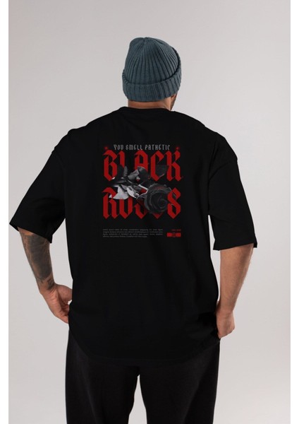 Black Roses Arka Baskılı Siyah Oversize T-Shirt Erkek Kadın Bisiklet Yaka fiyatları