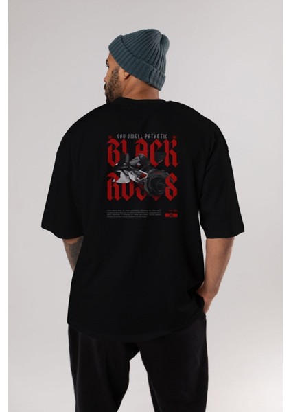 Black Roses Arka Baskılı Siyah Oversize T-Shirt Erkek Kadın Bisiklet Yaka modelleri