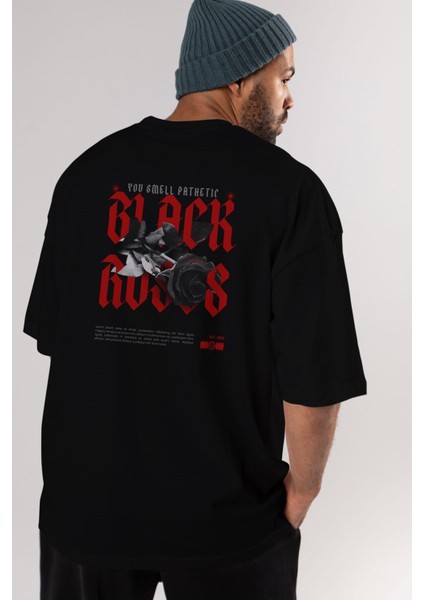 Black Roses Arka Baskılı Siyah Oversize T-Shirt Erkek Kadın Bisiklet Yaka fırsatları