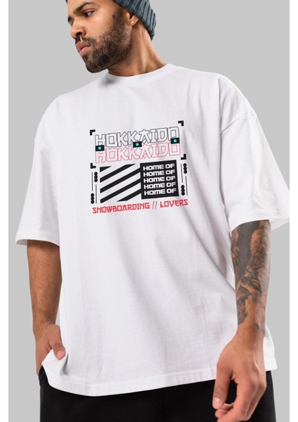 Hokkaido Home Of Ön Baskılı Beyaz Oversize T-Shirt Erkek Kadın Bisiklet Yaka modelleri