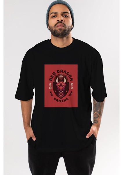 Red Dragon Ön Baskılı Siyah Oversize T-Shirt Erkek Kadın Bisiklet Yaka