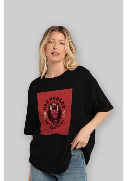 Red Dragon Ön Baskılı Siyah Oversize T-Shirt Erkek Kadın Bisiklet Yaka fiyatları
