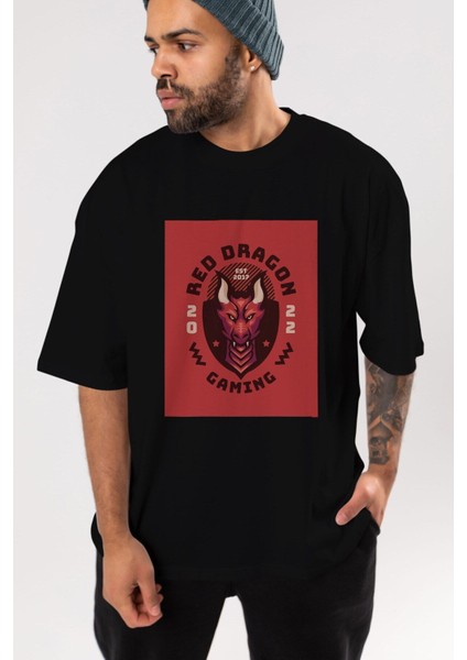 Red Dragon Ön Baskılı Siyah Oversize T-Shirt Erkek Kadın Bisiklet Yaka modelleri