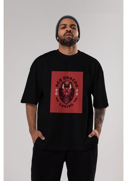 Red Dragon Ön Baskılı Siyah Oversize T-Shirt Erkek Kadın Bisiklet Yaka fırsatları