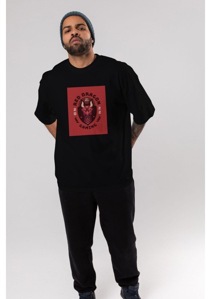 Red Dragon Ön Baskılı Siyah Oversize T-Shirt Erkek Kadın Bisiklet Yaka indirimleri