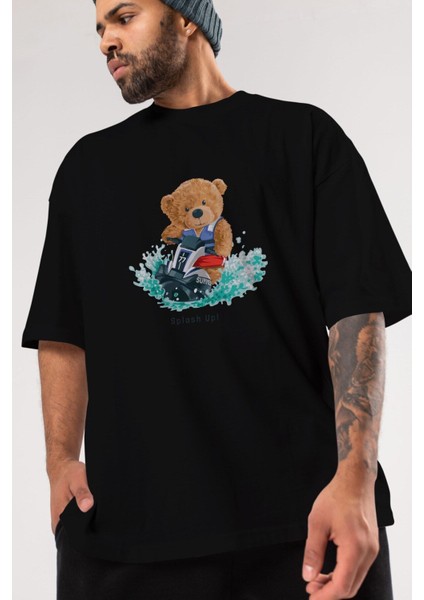 Teddy Bear Splash Up Ön Baskılı Siyah Oversize T-Shirt Erkek Kadın Bisiklet Yaka