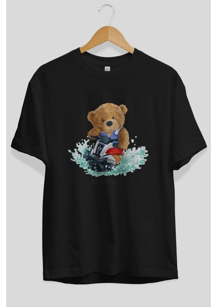 Teddy Bear Splash Up Ön Baskılı Siyah Oversize T-Shirt Erkek Kadın Bisiklet Yaka fiyatları