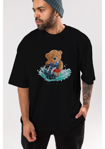 Teddy Bear Splash Up Ön Baskılı Siyah Oversize T-Shirt Erkek Kadın Bisiklet Yaka modelleri