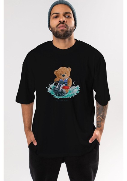 Teddy Bear Splash Up Ön Baskılı Siyah Oversize T-Shirt Erkek Kadın Bisiklet Yaka fırsatları