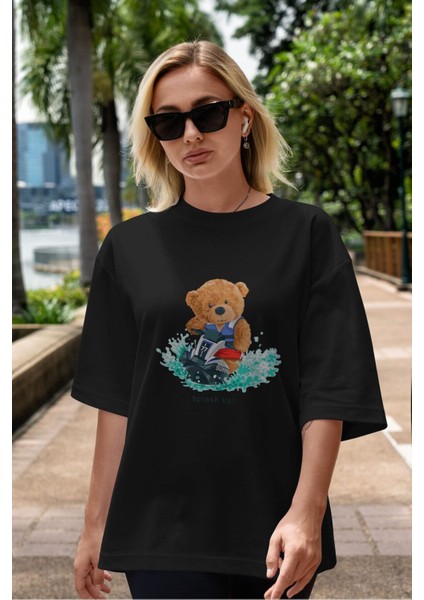 Teddy Bear Splash Up Ön Baskılı Siyah Oversize T-Shirt Erkek Kadın Bisiklet Yaka indirimleri