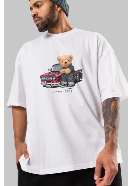 Teddy Bear Street King Ön Baskılı Beyaz Oversize T-Shirt Erkek Kadın Bisiklet Yaka