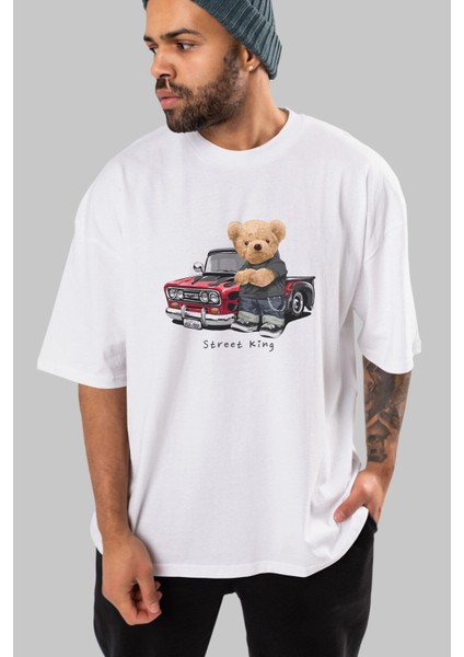 Teddy Bear Street King Ön Baskılı Beyaz Oversize T-Shirt Erkek Kadın Bisiklet Yaka fiyatları