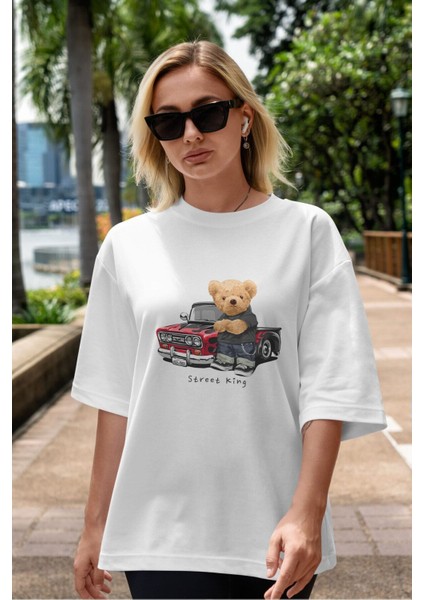 Teddy Bear Street King Ön Baskılı Beyaz Oversize T-Shirt Erkek Kadın Bisiklet Yaka modelleri