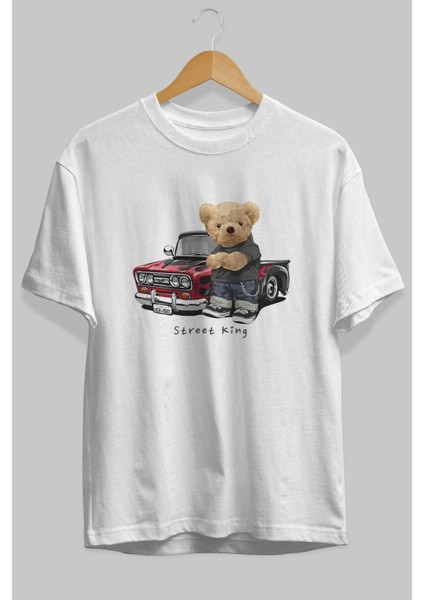 Teddy Bear Street King Ön Baskılı Beyaz Oversize T-Shirt Erkek Kadın Bisiklet Yaka fırsatları