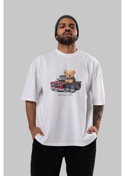 Teddy Bear Street King Ön Baskılı Beyaz Oversize T-Shirt Erkek Kadın Bisiklet Yaka indirimleri