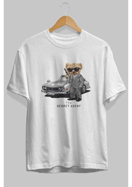 Teddy Bear The Secret Agent Ön Baskılı Beyaz Oversize T-Shirt Erkek Kadın Bisiklet Yaka fiyatları