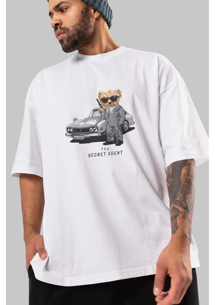 Teddy Bear The Secret Agent Ön Baskılı Beyaz Oversize T-Shirt Erkek Kadın Bisiklet Yaka modelleri