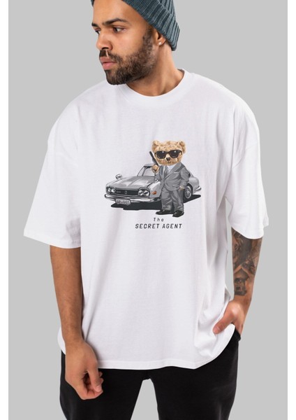 Teddy Bear The Secret Agent Ön Baskılı Beyaz Oversize T-Shirt Erkek Kadın Bisiklet Yaka fırsatları