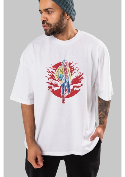 Spiderman Ön Baskılı Beyaz Oversize T-Shirt Erkek Kadın Bisiklet Yaka indirimleri