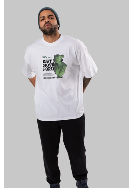Just Keep Moving Forward Ön Baskılı Beyaz Oversize T-Shirt Erkek Kadın Bisiklet Yaka