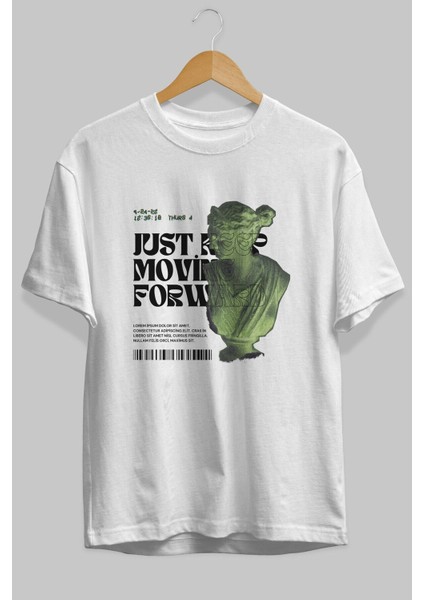 Just Keep Moving Forward Ön Baskılı Beyaz Oversize T-Shirt Erkek Kadın Bisiklet Yaka modelleri