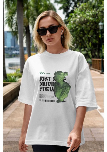 Just Keep Moving Forward Ön Baskılı Beyaz Oversize T-Shirt Erkek Kadın Bisiklet Yaka indirimleri