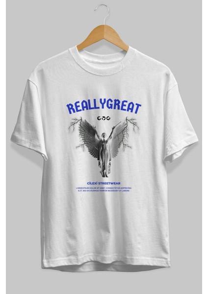 Reallygreat Angel Ön Baskılı Beyaz Oversize T-Shirt Erkek Kadın Bisiklet Yaka