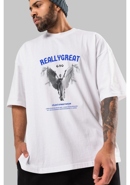 Reallygreat Angel Ön Baskılı Beyaz Oversize T-Shirt Erkek Kadın Bisiklet Yaka fiyatları