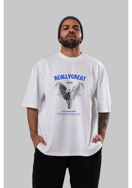 Reallygreat Angel Ön Baskılı Beyaz Oversize T-Shirt Erkek Kadın Bisiklet Yaka modelleri